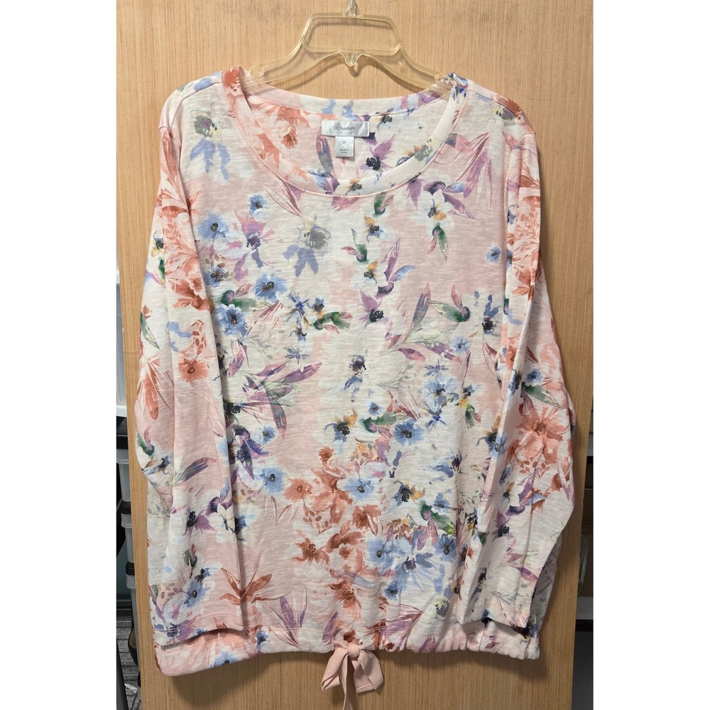 CJ Banks Sz 2X Ladies Floral Print Long Sleeve‎ Tie-Front Bottom Blouse